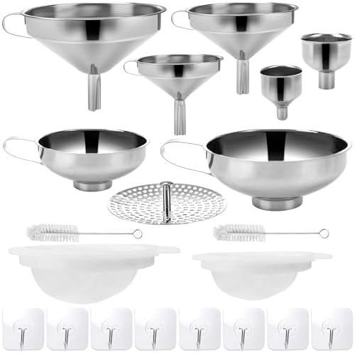 20 Pcs Canning Funnels Stainless Steel Wide and Narrow Mouth Strainer for Regular Mason Jar Filling Kitchen Use with Mesh Filter Brush Hook Metal Food Funnel Supplies Kit