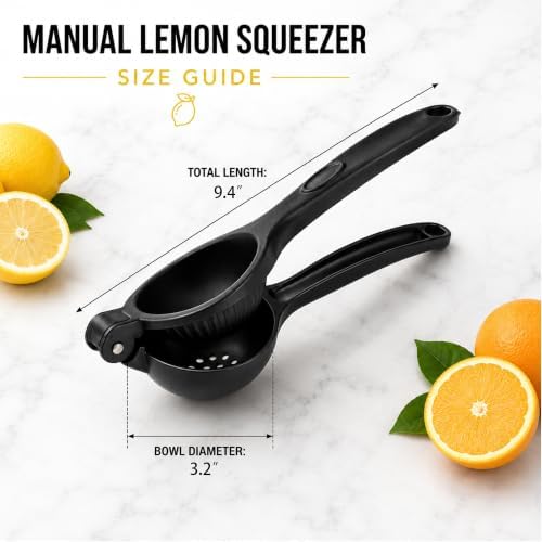 Heavy Duty Lemon Squeezer, Aluminium Alloy Manual Lemon Juicer Hand Press with Threaded Groove for Maximum Juice - Perfect for Limes, Small Oranges, Citrus Fruits (Black)