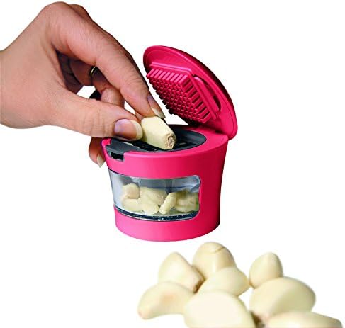 Garlic Perfection Press, Crusher, Mincer, and Storage Container - Easy to Clean - Stainless Steel Blades - Red