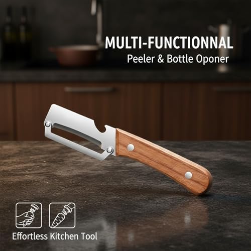 Premium Vegetable Peeler with Wooden Handle & Bottle Opener, Ultra-Sharp Stainless Steel Potato Peeler, Ergonomic Kitchen Peeler for Fruits Vegetables, Julienne Peeler (2)