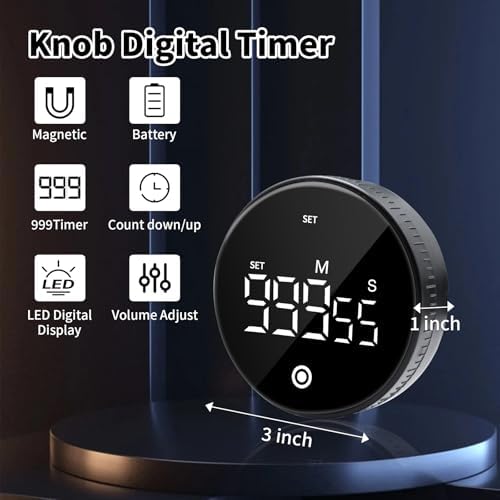 Digital Kitchen Timer, Magnetic Visual Countdown Countup Timer with Large LED Display, Adjustable Volume, Easy for Seniors and Kids, for Cooking, Classroom, Fitness, Study (Black)