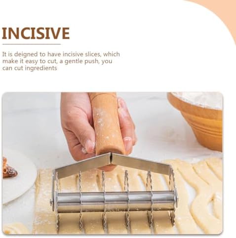 DOITOOL Stainless Steel Dough Lattice Roller Cutter with Wood Handle Noodle Pasta Cutter Wheel Lattice Pastry Tool for Dough Spaghetti Cookie Pie Pizza Bread Crust Roller