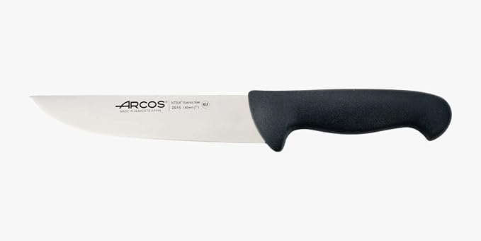 Arcos Range Butcher Knife 7 inch Nitrum Stainless Steel. Steak Knife. Polypropylene Black Handle. Color Identification System for Prolonged and Heavy Use. Series 2900. Color Black.