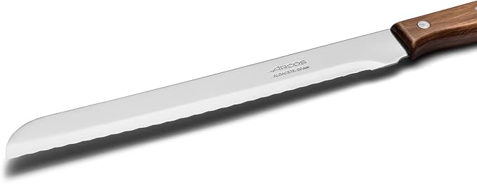 Arcos Bread Knife 7 Inch Nitrum Stainless Steel and 170 mm blade. Obtain a great variety of cuts for your food. Ideal knife for daily domestic use. Series Latina. Color Brown.