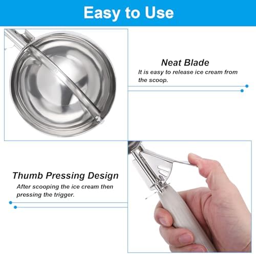 PATIKIL 3.2 Ounce Ice Cream Scoop with Trigger, Stainless Steel Portion Cookie Scoop with Thumb Trigger for Cookie Dough Cupcake Batter Baking, Beige 96ML
