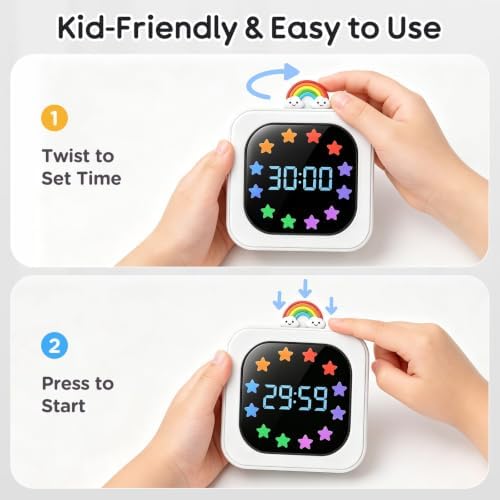 Digital Visual Timer for Kids, Rechargeable 99-Minute Countdown with 12-Star Rainbow LED Display, 9 Color Modes, Silent Mode & Pause, Timer for Classroom, Home & Kitchen
