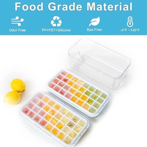 Ice Cube Tray with Lid and Bin, ZZWILLB 64 pcs Ice Trays for Freeze with 2 Trays, Ice Cube Pop Out Tray for Freezer, Ice Cube Molds, BPA Free, Easy Release Stackble Spill-Resistant (Blue)