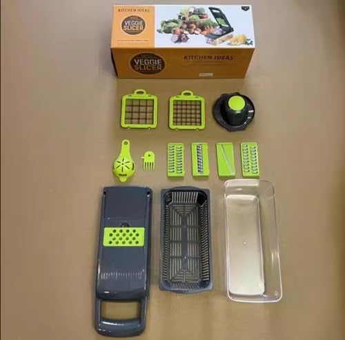 Veggie slicer 16 pieces (Gray, 1) 16 pieces hand operated vegetable slicer, veggie chopper, food chopper, onion cutter.