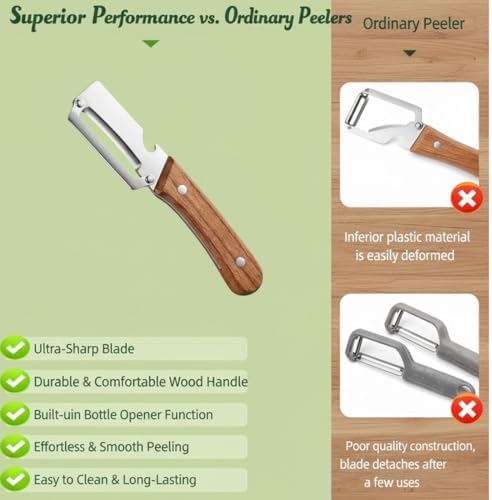 Zero Snag Wooden Peeler, Multi-Functional Vegetable Peeler for Kitchen with Bottle Opener Design, Premium Stainless Steel Blade Vegetable and Fruit Peeling Tool, Easy peeling & Reduces Waste (2PCS)