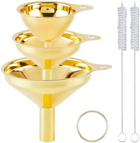 GORGECRAFT 3Pcs Small Metal Funnel Set 2.5x3in 1.9x2.2in 1.5x1.8in Golden Metal Stainless Steel Kitchen Cooking Food Grade Funnels with Cleaning Brushes for Essential Oil Spices Liquid Filling Bottles