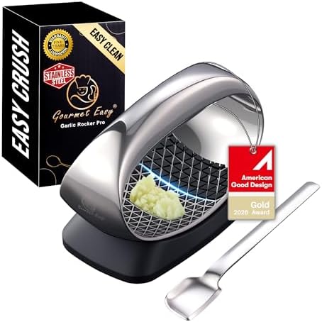 Gourmet Easy Stainless Steel Garlic Press Rocker with Eject Base & Scraper