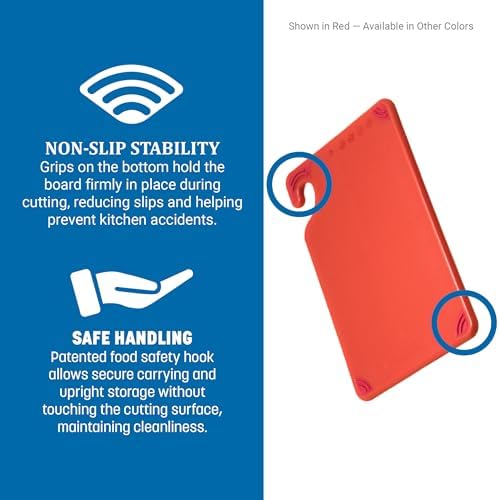 San Jamar Saf-T-Grip Plastic Cutting Board with Safety Hook, 6" x 9" x 0.375", Red