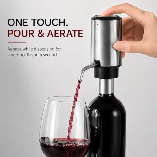 Rechargeable Electric Wine Aerator and Dispenser Set, Electric Wine Decanter with 2 Vacuum Wine Stoppers, Charging Base, Stainless Steel, Wine Pourer
