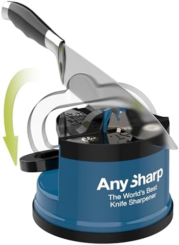 AnySharp – Editions – Hands Free Knife Sharpener - Easy to Use Sharpening Tool with PowerGrip Suction Base and 20-Degree Pre-Set Angle - for All Knives: Chef's, Serrated, and Hardened Steel - Blue