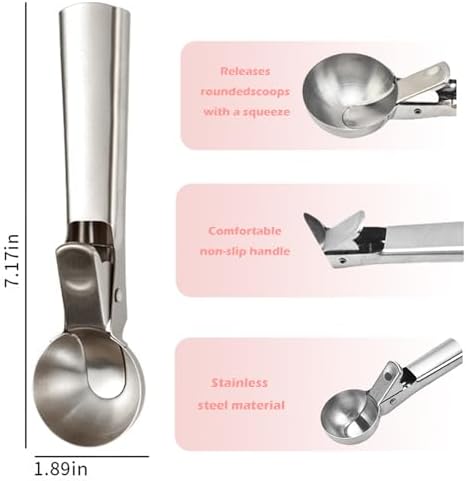 Ice Cream Scoop:7 inches Small Ice Cream Scoopers Stainless Steel with Trigger and Comfortable Handle,Perfect for Frozen Yogurt, Gelatos, Sundaes, Easy Clean Spoon Dishwasher Safe, Silver