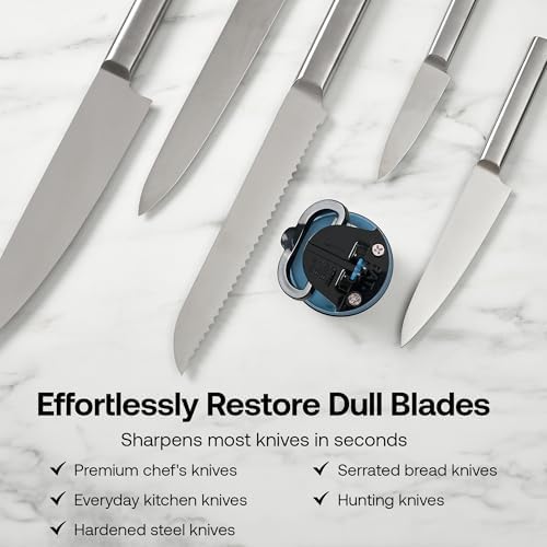 AnySharp – Editions – Hands Free Knife Sharpener - Easy to Use Sharpening Tool with PowerGrip Suction Base and 20-Degree Pre-Set Angle - for All Knives: Chef's, Serrated, and Hardened Steel - Blue