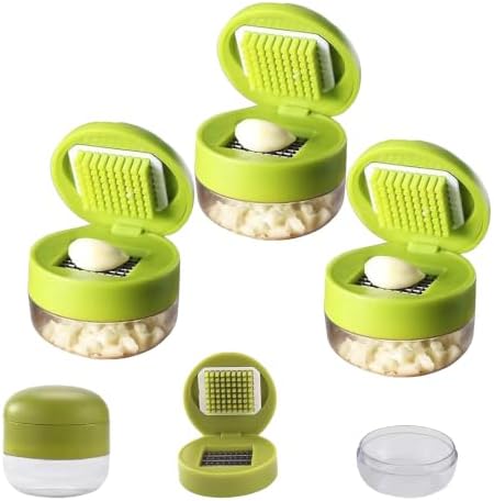 Mini Manual Garlic Twister and Crusher, Handheld Mini Garlic Chopper and Press with Container, Garlic Chopper Dicer Slicer with Stainless Steel Blades，3
