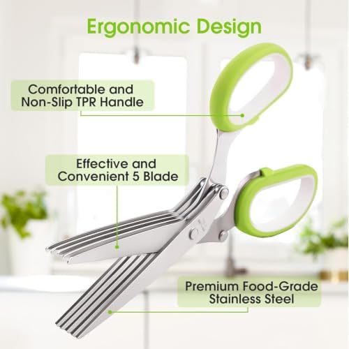 Upgraded Herb Scissors, Effortless Herb Shears Cutter Tool with Sharp Stainless Steel Blades for Fresh Herbs, Must-Have Kitchen & Cooking Gadget, (Green)
