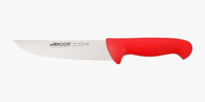 Arcos Range Butcher Knife 7 inch Nitrum Stainless Steel. Steak Knife. Polypropylene Red Handle. Color Identification System for Prolonged and Heavy Use. Series 2900. Color Red.