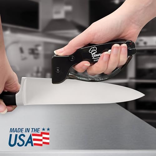 AccuSharp Gourmet Series, 15 Degree Knife Sharpener for Gourmet Knives, Diamond-Honed Tungsten Carbide Reversible Blades, Hones & Refines Straight-Edge or Serrated Gourmet Knives, Hand-Held, Black