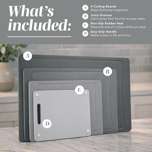 COOK WITH COLOR Non-Slip Cutting Board Set – Kitchen Essentials with Easy Grip Handle for Meat, Veggies, and Fruits, 4 Cutting Boards, Gray-New