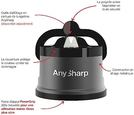 AnySharp Pro Metal Knife Sharpener, Hands-Free Safety, PowerGrip Suction, Sharpens All Kitchen Knives, Ideal for Hardened Steel & Serrated, World's Best, Compact, One Size, Gun Metal