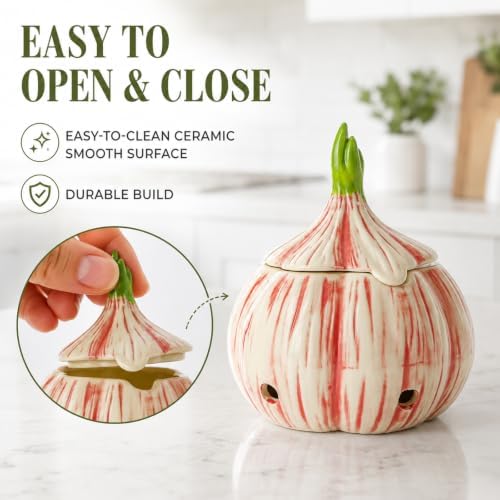 Yohsnor Large Ceramic Garlic Keeper with Lid, Unique Garlic Shape Container