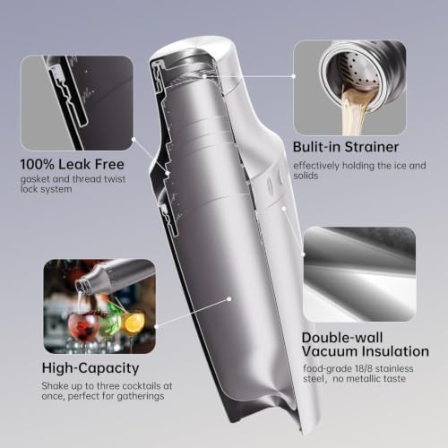 Hybrid Cocktail Shaker Set | Vacuum Insulated Stainless Steel Martini Shaker with Strainer & Jigger Lid | Travel cocktail kit with Bartender Accessory Tools | 30oz | Gold