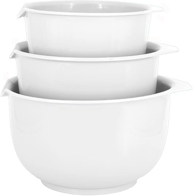 Glad Mixing Bowls with Pour Spout, Set of 3 | Nesting Design Saves Space | Non-Slip, BPA Free, Dishwasher Safe Plastic | Kitchen Cooking and Baking Supplies, White