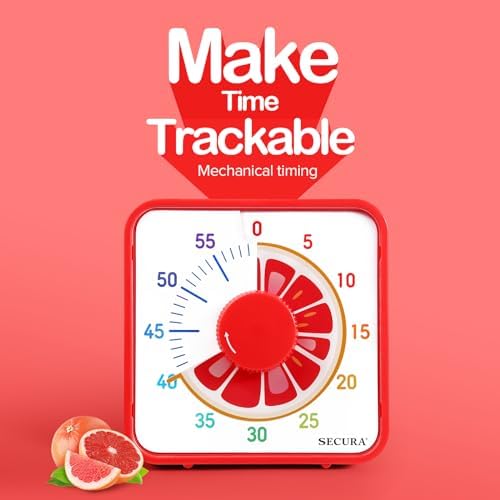 Secura 7.5-Inch Fruit Visual Timer for Kids, 60-Minute Countdown Timer for Classroom or Kitchen, Durable Mechanical Timer Clock with Magnetic Backing (Grapefruit)