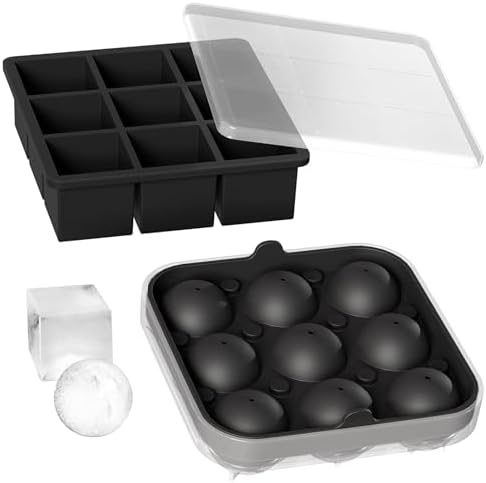 Wanderworld Ice Tray Combo, Silicone Reusable 2 inch Big Ice Freezer Mold, 9 Cubes& 9 Sphere Ice Maker tray with lid for Whiskey, 2 pack.