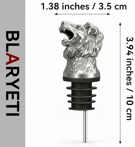 Lion Wine Pourer Aerator (Silver), Roaring Animal Bottle Pour Spout, Zinc Alloy Drip-Free Stopper Attachment for Men, Dad Gifts, Leo Zodiac, Bar Cart