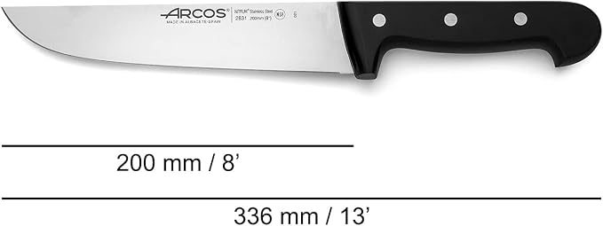 Arcos Butcher Knife 8 Inch Nitrum Stainless Steel and 200 mm blade. Professional Cooking Knife For Cutting Meat, Fish and Vegetables. Ergonomic Polyoxymethylene Handle. Series Universal. Color Black.