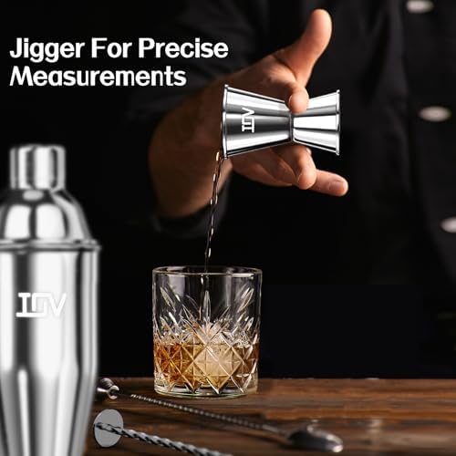 IOV Cocktail Shaker Bar Set, 24oz Martini Shaker with Built-in Strainer, Bar Tool Kit with Recipes Booklet, Professional Stainless Steel Large Bartender Drink Shaker Margarita Alcohol Mixer- Silver