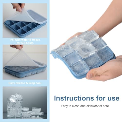 Silicone Ice Cube Trays with Removable Lid, Blue, Set of 3
