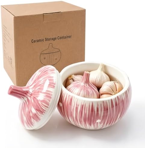 Purple Ceramic Garlic Keeper for Counter – With Lid & Vents, Garlic Holder Storage Container for Freshness – Large Capacity Garlic Saver – Cute Garlic Design – Also for Onion, Ginger – Kitchen Gift