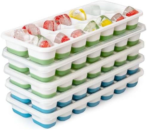 Ice Cube Trays for Freezer – 5 Pack 70 Cubes Total, Reinforced Snap Lids That Stay Closed, Silicone Push-Release Bottom, BPA-Free, Stackable & Spill-Proof – Perfect for Parties, Home Bar & Daily Use
