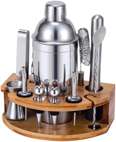 Cocktail Shaker Set Bartender Kit with Stand, 12 Piece Drink Mixer Set with Stainless Steel Bar Accessories Tools: 25oz Martini Shaker Jigger Strainer Spoon Muddler for Cocktails (Silver)