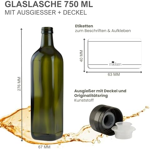 2x Oil Bottle 750 ml with Spout Green/Brown Oil Dispenser Glass Bottles with Dispenser and Labels