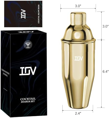 IOV Cocktail Shaker, 24 oz Martini Shaker, Drink Mixer with Built-in Strainer, Professional Stainless Steel Margarita Alcohol Shaker with Cocktail Recipe Guide, Bartender Kit Gifts, Gold