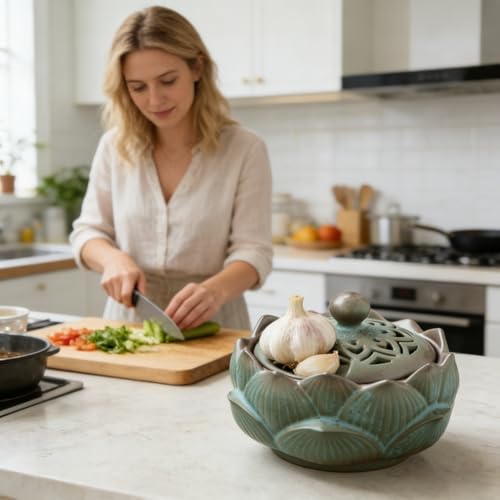 Ceramic Garlic Keeper With Lid Terracotta Holder For Counter
