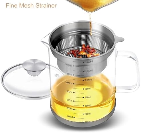50oz Glass Oil Strainer Container with Fine Mesh Strainer (1.5L)