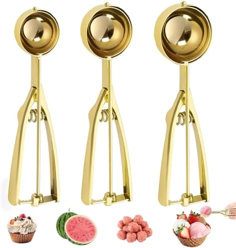 3 Pcs Ice Cream Scoop with Trigger Release, 304 Stainless Steel Cookie Scoops for Baking & Food Prep, Easy to Clean Dishwasher Safe Scooper for Ice Cream, Cookie Dough, Cupcakes, Fruit and Meatballs