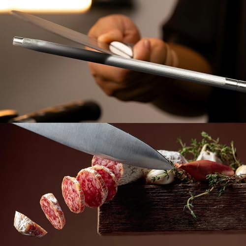 Knife Sharpener Rod, Kitchen Knives Sharpener Carbon Steel Professional Knife Sharpening Steel, Honing Rod with Hanging Holes (13 inches), I