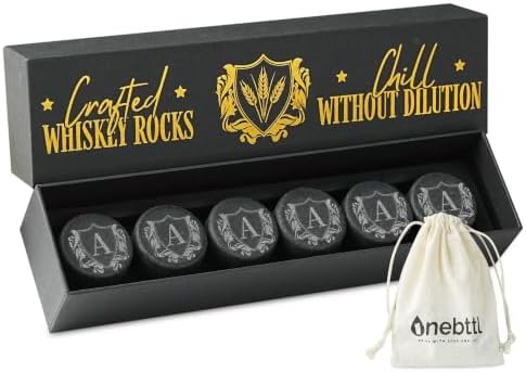 Onebttl Whiskey Gifts for Men, Whiskey Rocks with Initials Set of 6, Bourbon Chilling Stones for Whisky Lovers with Gift Box for Christmas, Father's Day, Retirement, A