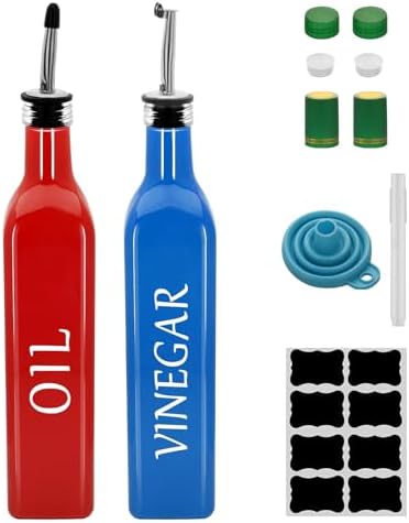 Olive Oil Dispenser Bottle,2 Pcs 17oz 500ml Glass O il and Vinegar Dispenser Set with 2 Stainless Steel Pourers, 8 Labels,Funnel Vinegar Bottles for Kitchen (Red Oil & Blue Vinegar)