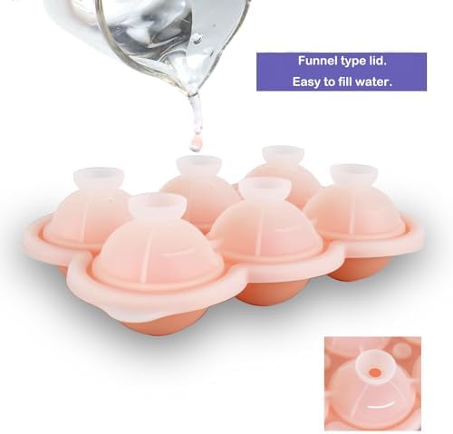 2 Pack Silicone Ice Cube Trays, Pink Rose Ice Cube Mold, Large Sphere Ice Mold with Funnel-type Lid, Makes 6 Rose & 6 Round Ice Balls for Chilling Whiskey Cocktails Drinks