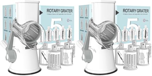 Cambom Rotary Cheese Grater Hand Crank Cheese Shredder for Fresh Cheese, Vegetable, Nuts,Non-slip Suction Base, Five Blades, White (Pack of 2)