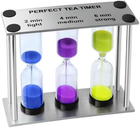 Lily's Home 3.5" Tall 3-in-1 Perfect Tea Timer, Includes 2, 4, and 6 Minute Sand Hourglass Timers, Use for Making Tea or Keeping Time Around The Kitchen, Brushed Stainless Steel Frame, Rectangular