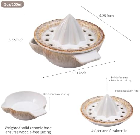 Lemon Orange Grapefruit Juicer Manual Squeezer Ceramic Hand Juicer Reamer Rotation Press with Strainer＆ 5oz Bowl, Pour Spout, Handle, Dishwasher Safe, Easy to Clean,Sandy Beige